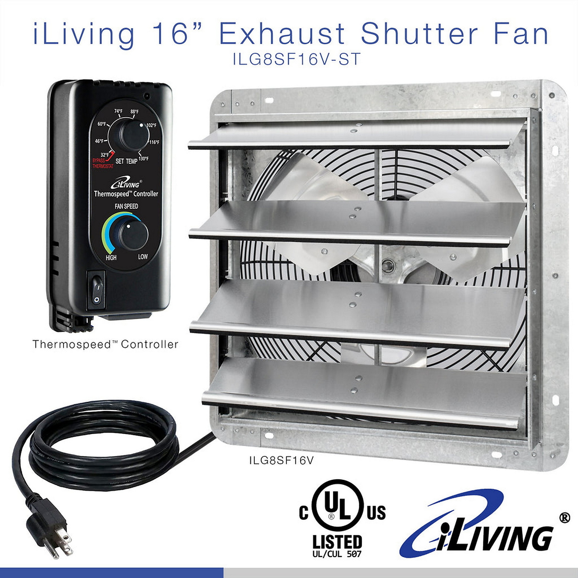 Dr. Infrared Heater iLiving Wall Mounted Shutter Exhaust Fan — 16in., Thermostat, Variable Speed Controller, 1200 CFM, 1800 Sq. Ft. Coverage, Silver, Model# ILG8SF16V-ST